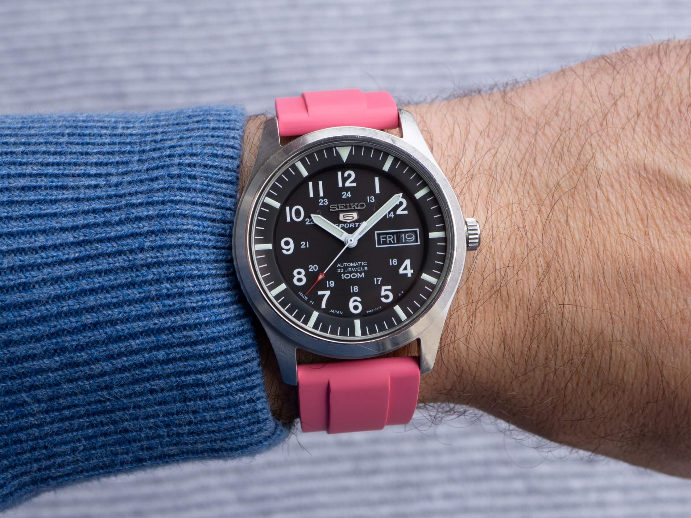 Pink FKM Rubber Strap by Brodinkee StrapHabit on a Seiko military watch