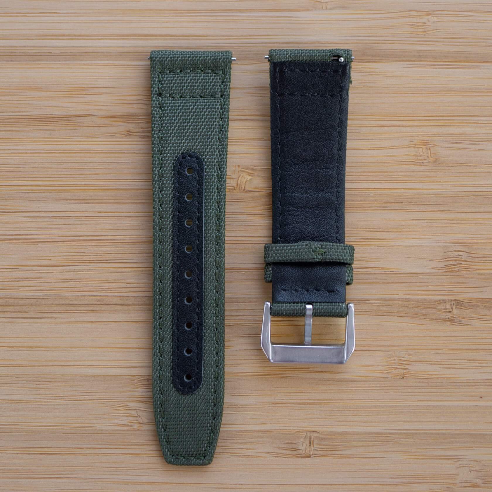 The strap has integrated quick-release spring bars, and the leather underside